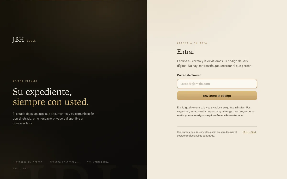 La pantalla de entrada de app.jbh.legal con el campo del correo